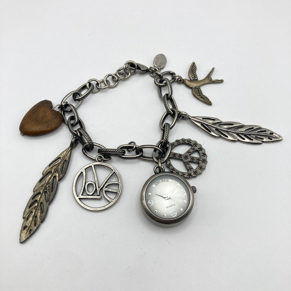 Decree Charm Bracelet Women's Watch Gunmetal Peace Love 25mm New Battery 7.25"
